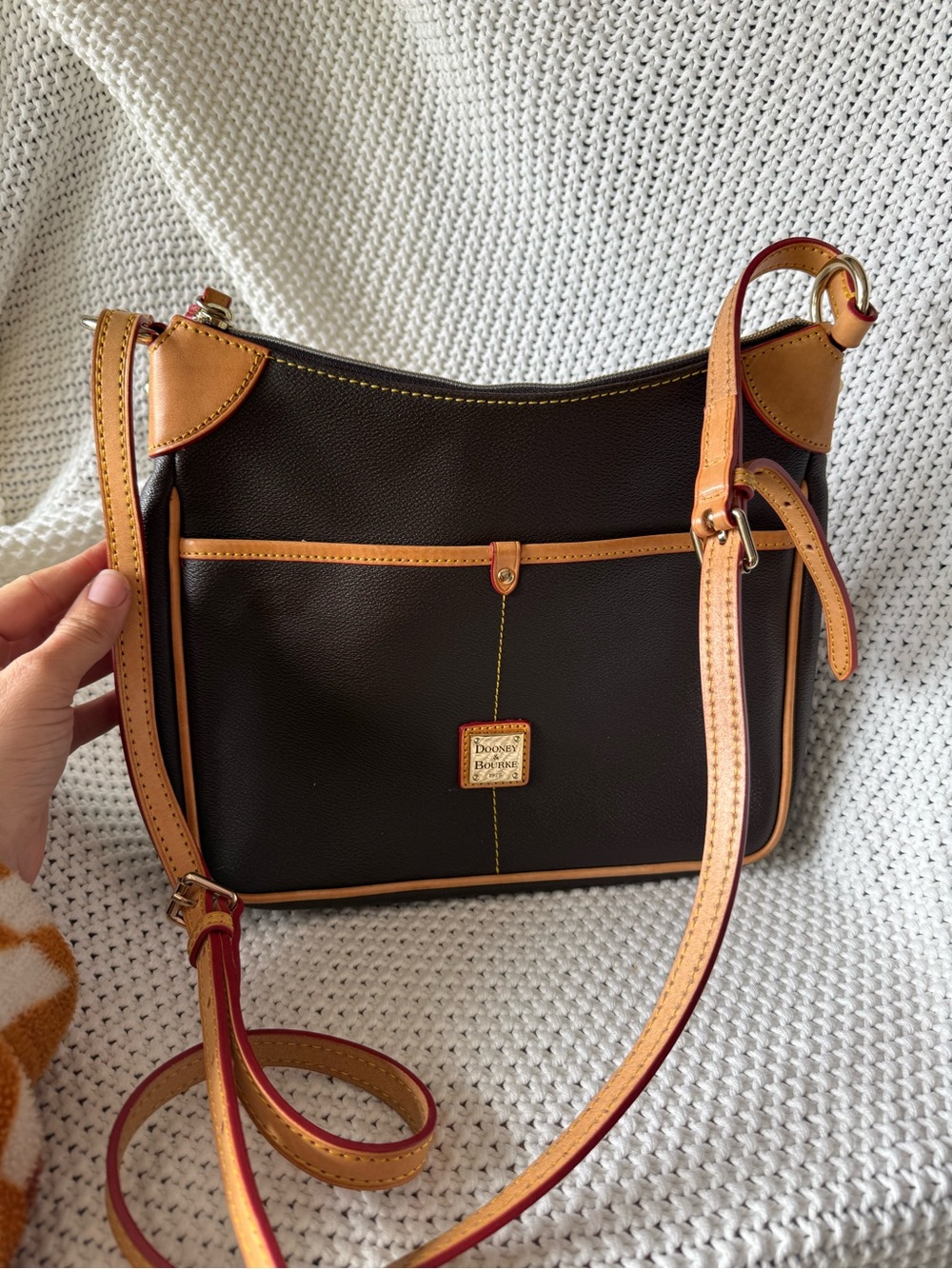 Dooney & Bourke Dark Brown Leather Crossbody with Tan Trim